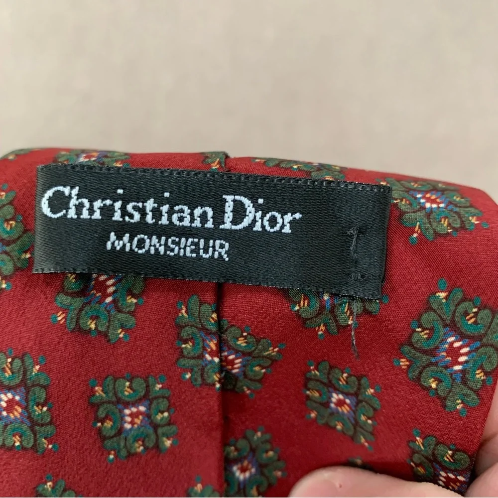 Christian Dior Monsieur Red and Green Pattern Mens Tie 100%‎ silk